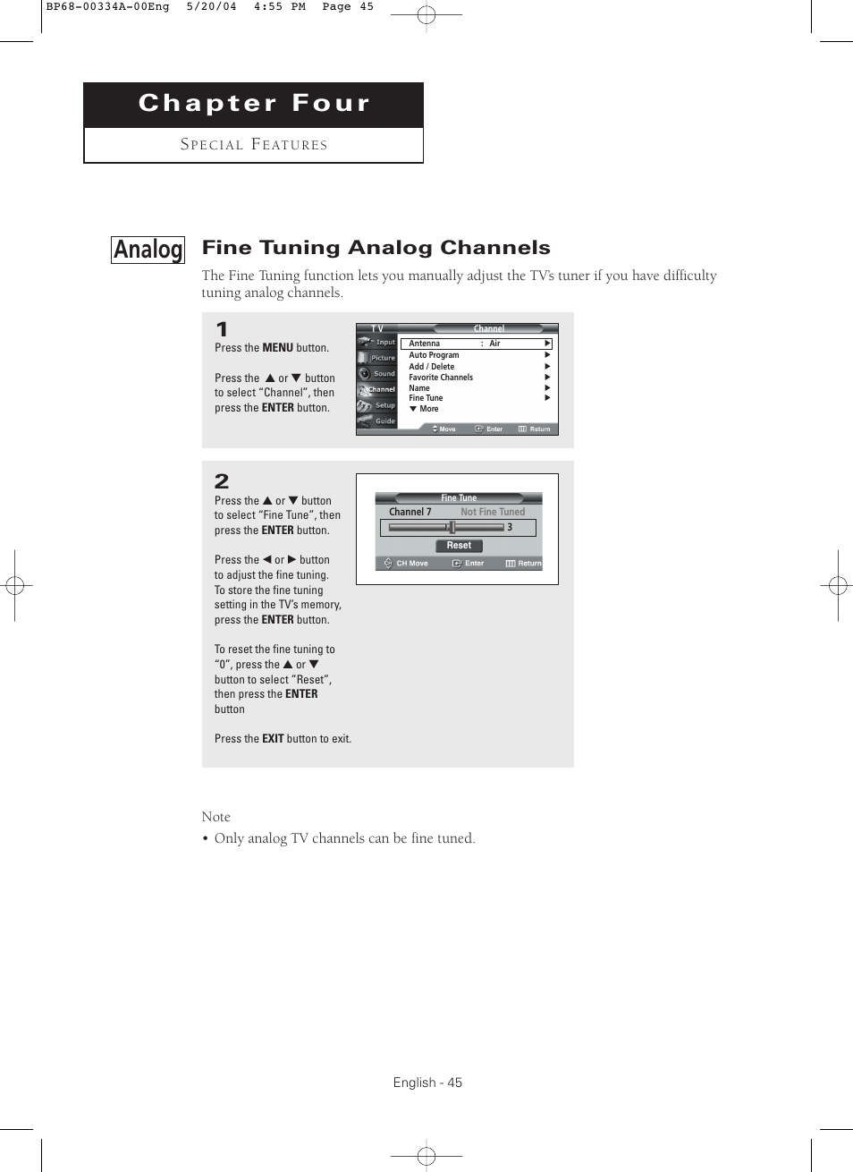 Fine tuning analog channels, Analog | Samsung HC-P5256W User Manual | Page 45 / 79