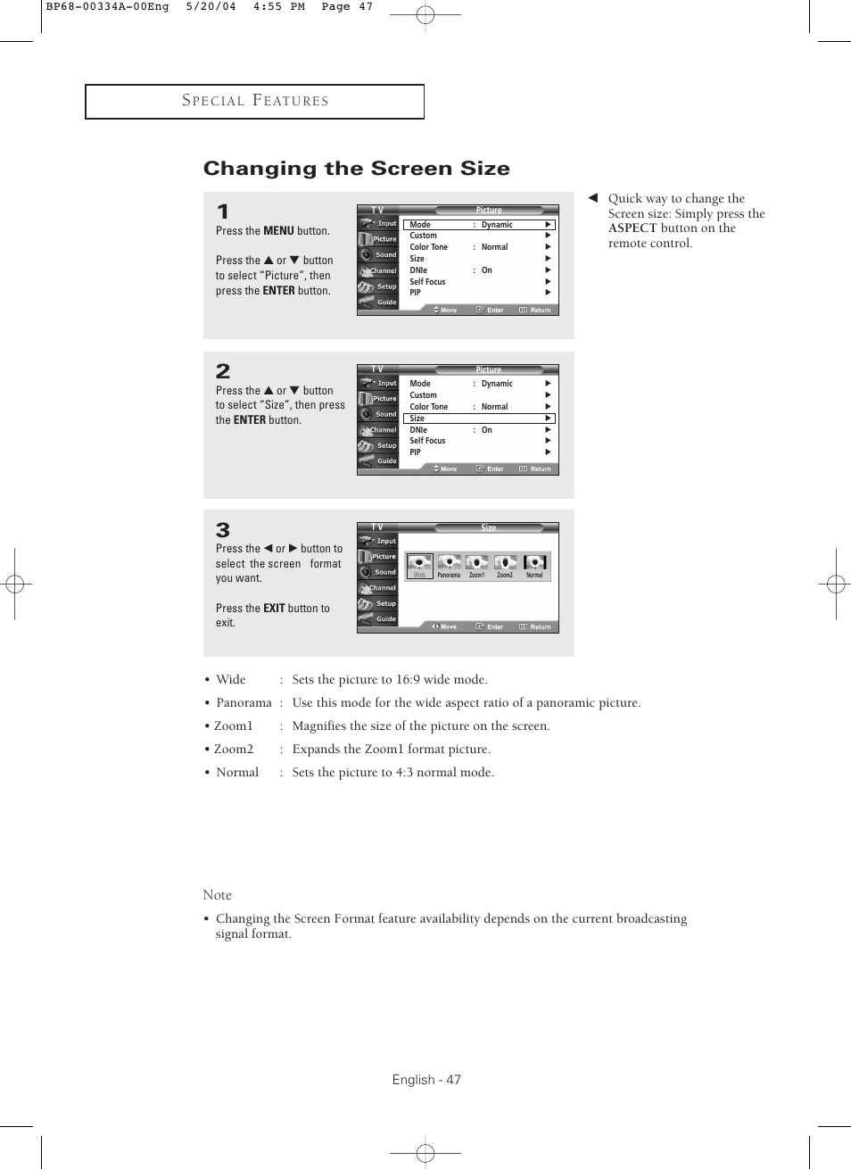 Changing the screen size | Samsung HC-P5256W User Manual | Page 47 / 79