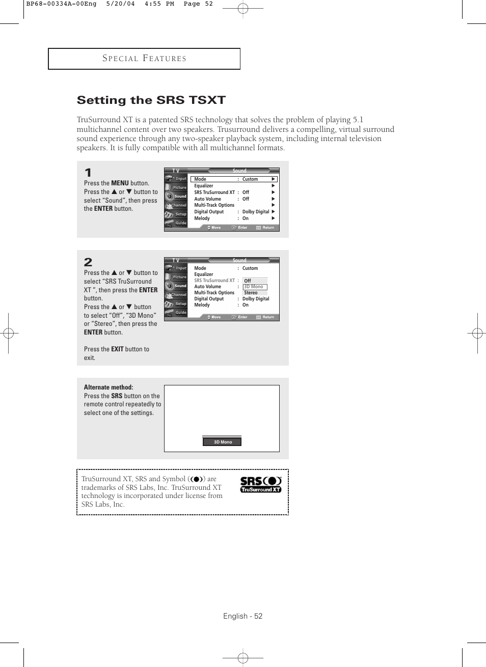 Setting the srs tsxt | Samsung HC-P5256W User Manual | Page 52 / 79