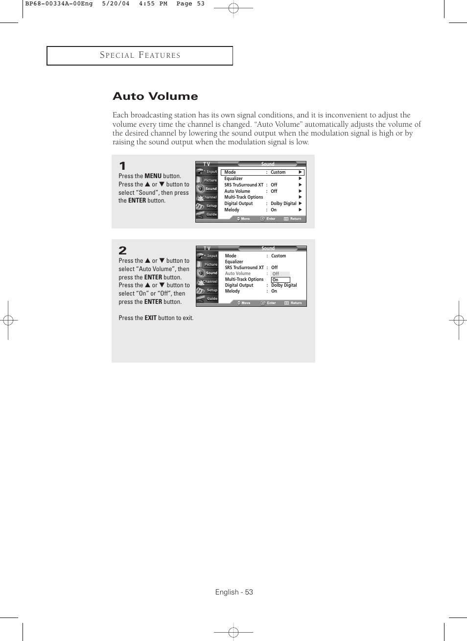 Auto volume | Samsung HC-P5256W User Manual | Page 53 / 79