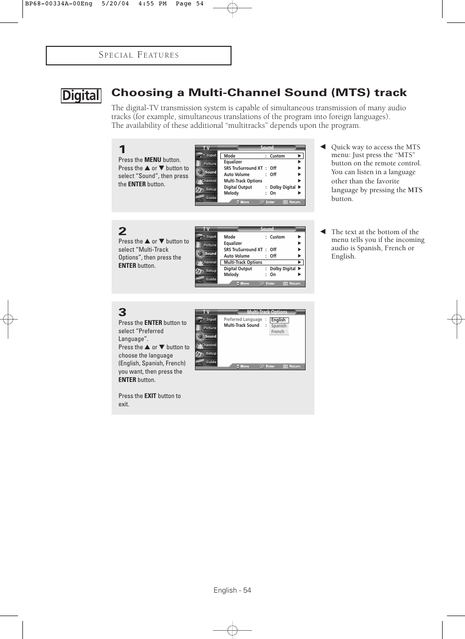 Choosing a multi-channel sound (mts) track digital, Digital, Choosing a multi-channel sound (mts) track | Samsung HC-P5256W User Manual | Page 54 / 79