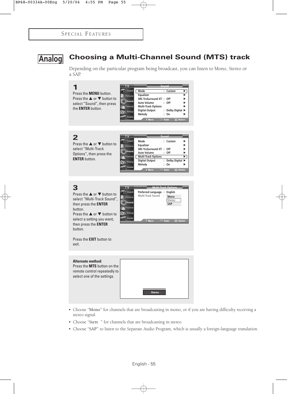 Choosing a multi-channel sound (mts) track analog, Analog, Choosing a multi-channel sound (mts) track | Samsung HC-P5256W User Manual | Page 55 / 79