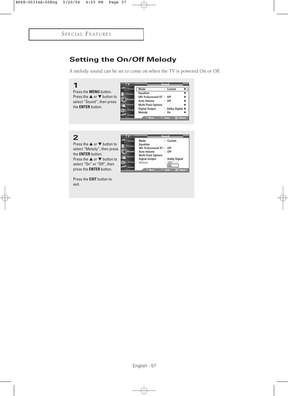 Setting the on/off melody | Samsung HC-P5256W User Manual | Page 57 / 79