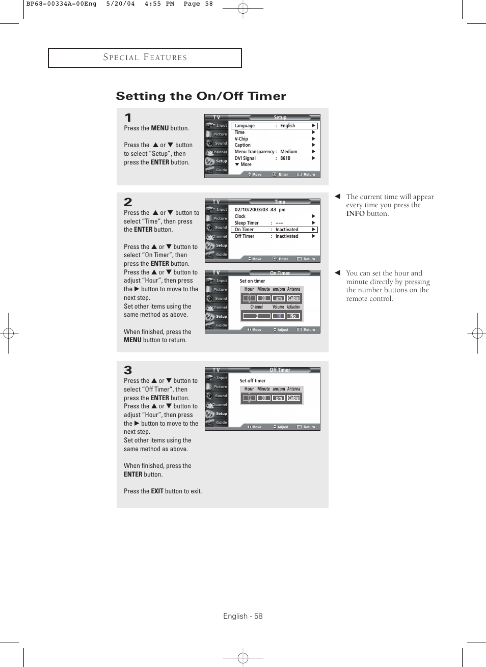 Setting the on/off timer, English - 58 | Samsung HC-P5256W User Manual | Page 58 / 79