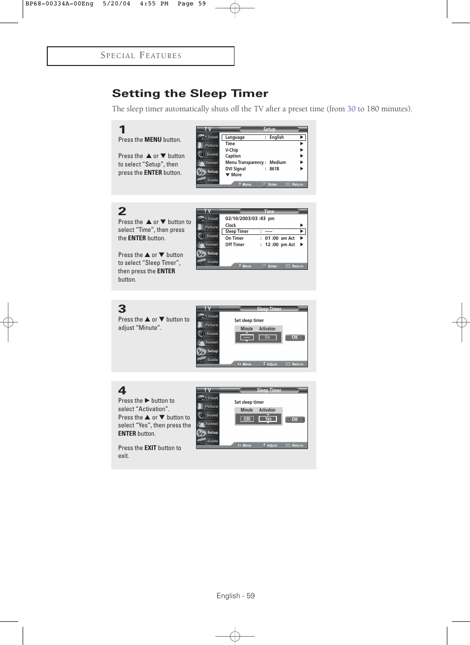 Setting the sleep timer | Samsung HC-P5256W User Manual | Page 59 / 79