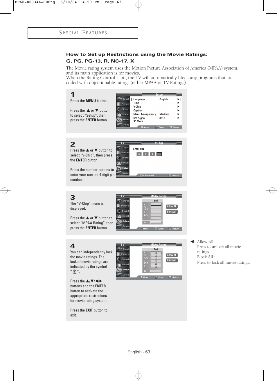 How to set up restrictions using the movie ratings | Samsung HC-P5256W User Manual | Page 63 / 79