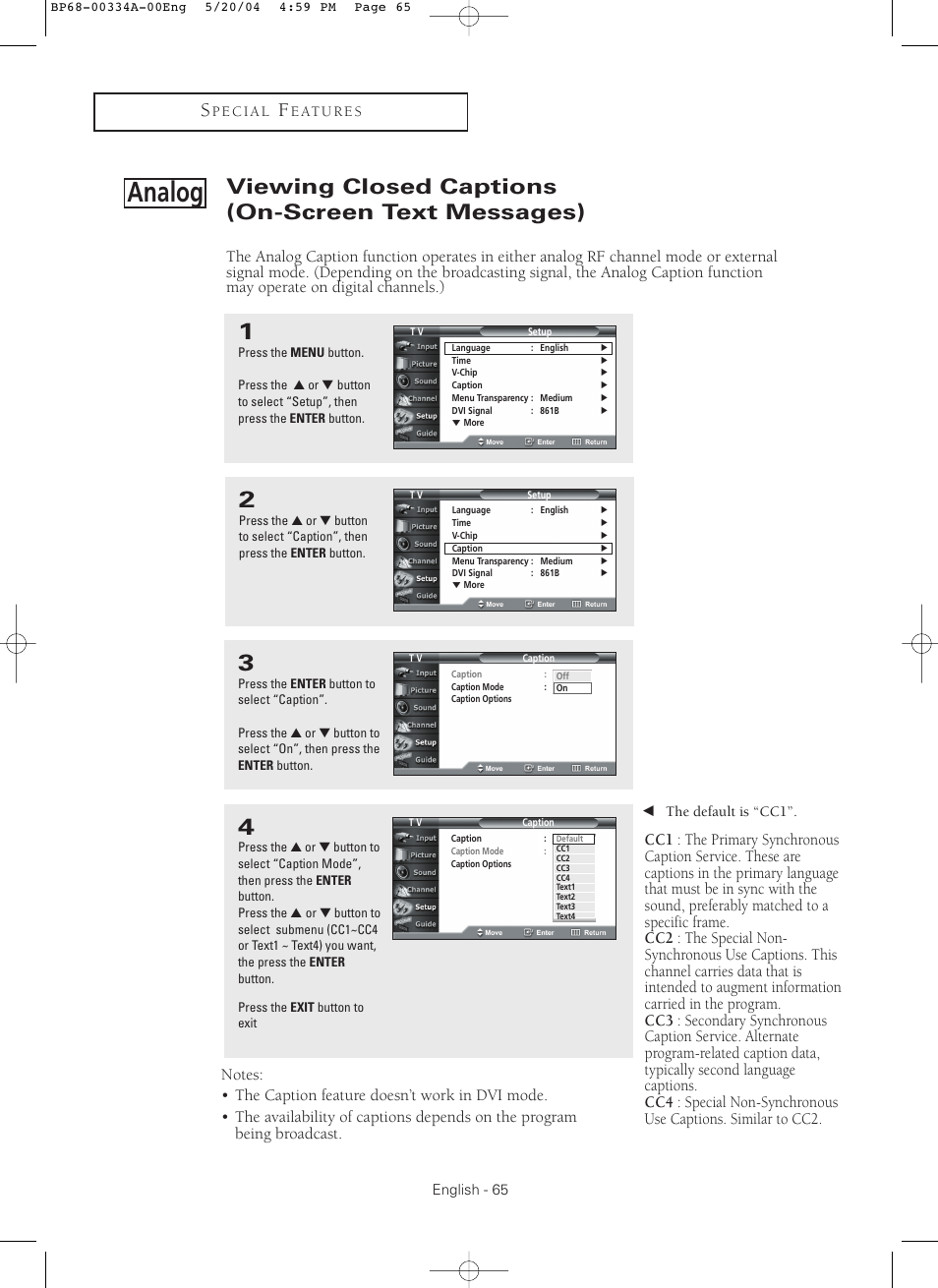 Analog, Viewing closed captions (on-screen text messages) | Samsung HC-P5256W User Manual | Page 65 / 79