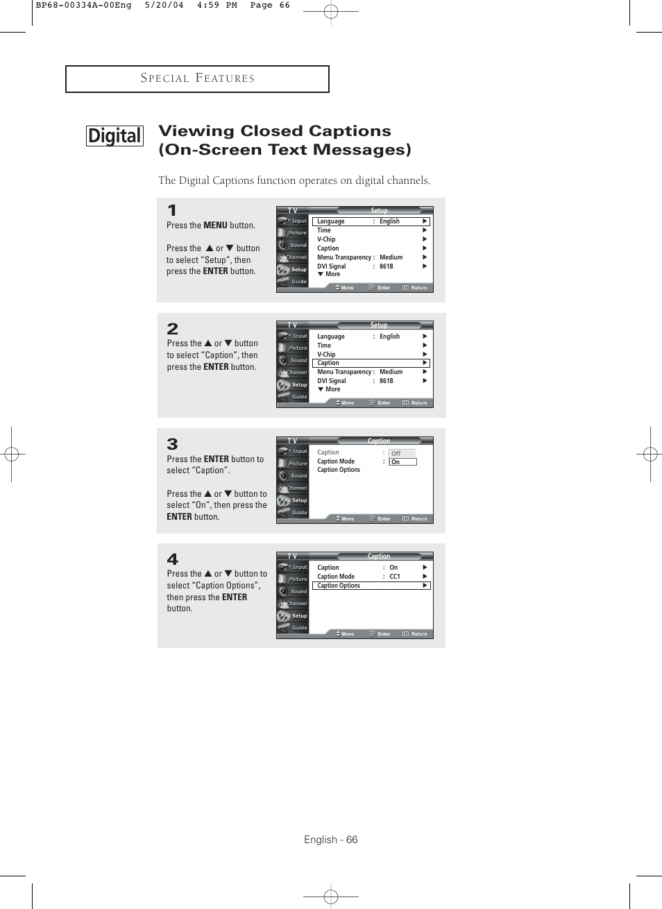 Digital, Viewing closed captions (on-screen text messages) | Samsung HC-P5256W User Manual | Page 66 / 79