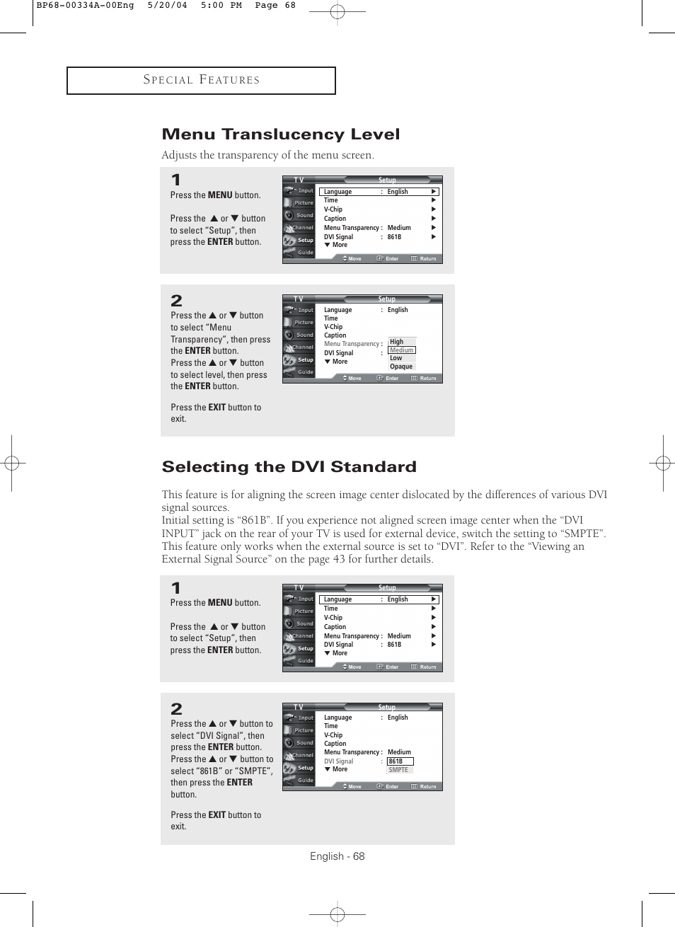 Menu translucency level, Selecting the dvi standard, Adjusts the transparency of the menu screen | Samsung HC-P5256W User Manual | Page 68 / 79