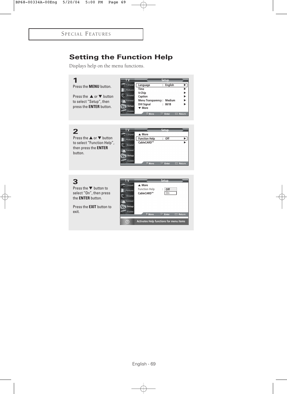 Setting the function help, Displays help on the menu functions | Samsung HC-P5256W User Manual | Page 69 / 79