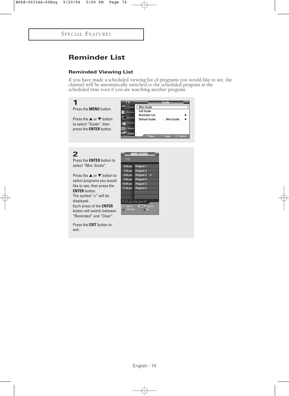 Reminder list | Samsung HC-P5256W User Manual | Page 74 / 79