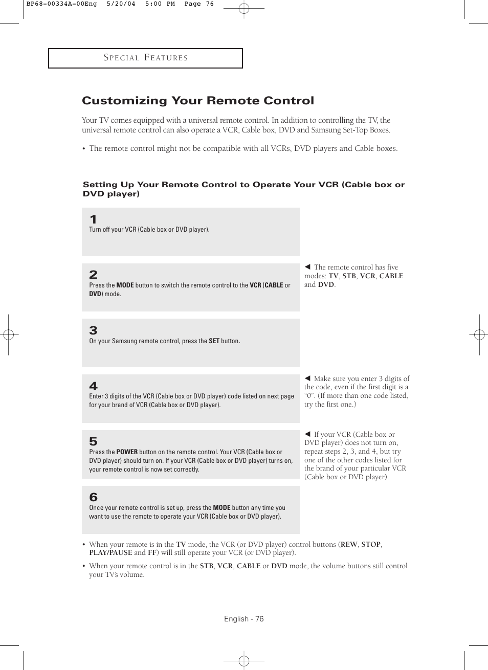 Customizing your remote control | Samsung HC-P5256W User Manual | Page 76 / 79