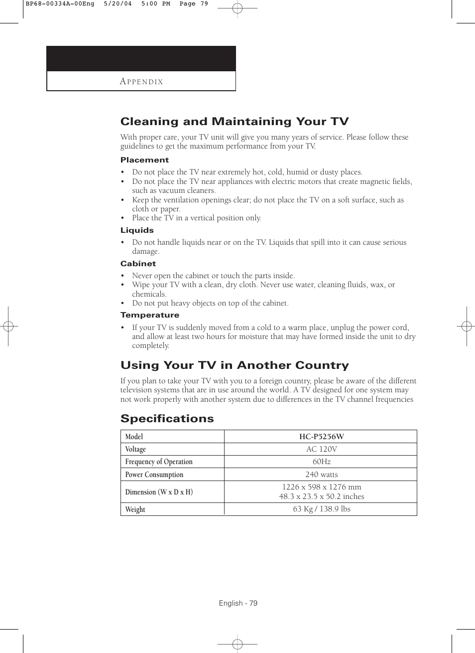 Cleaning and maintaining your tv, Using your tv in another country, Specifications | Samsung HC-P5256W User Manual | Page 79 / 79