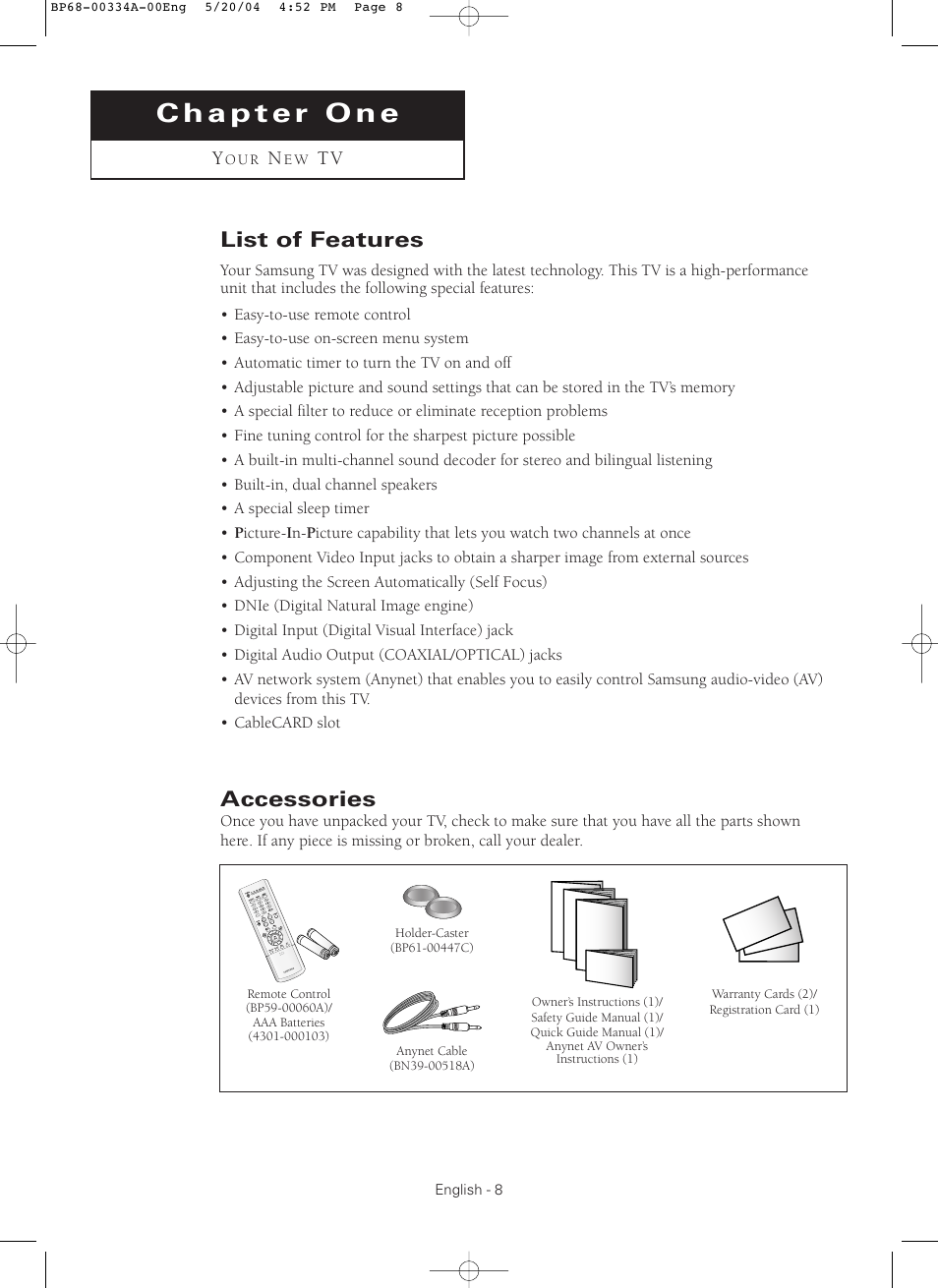 List of features, Accessories | Samsung HC-P5256W User Manual | Page 8 / 79