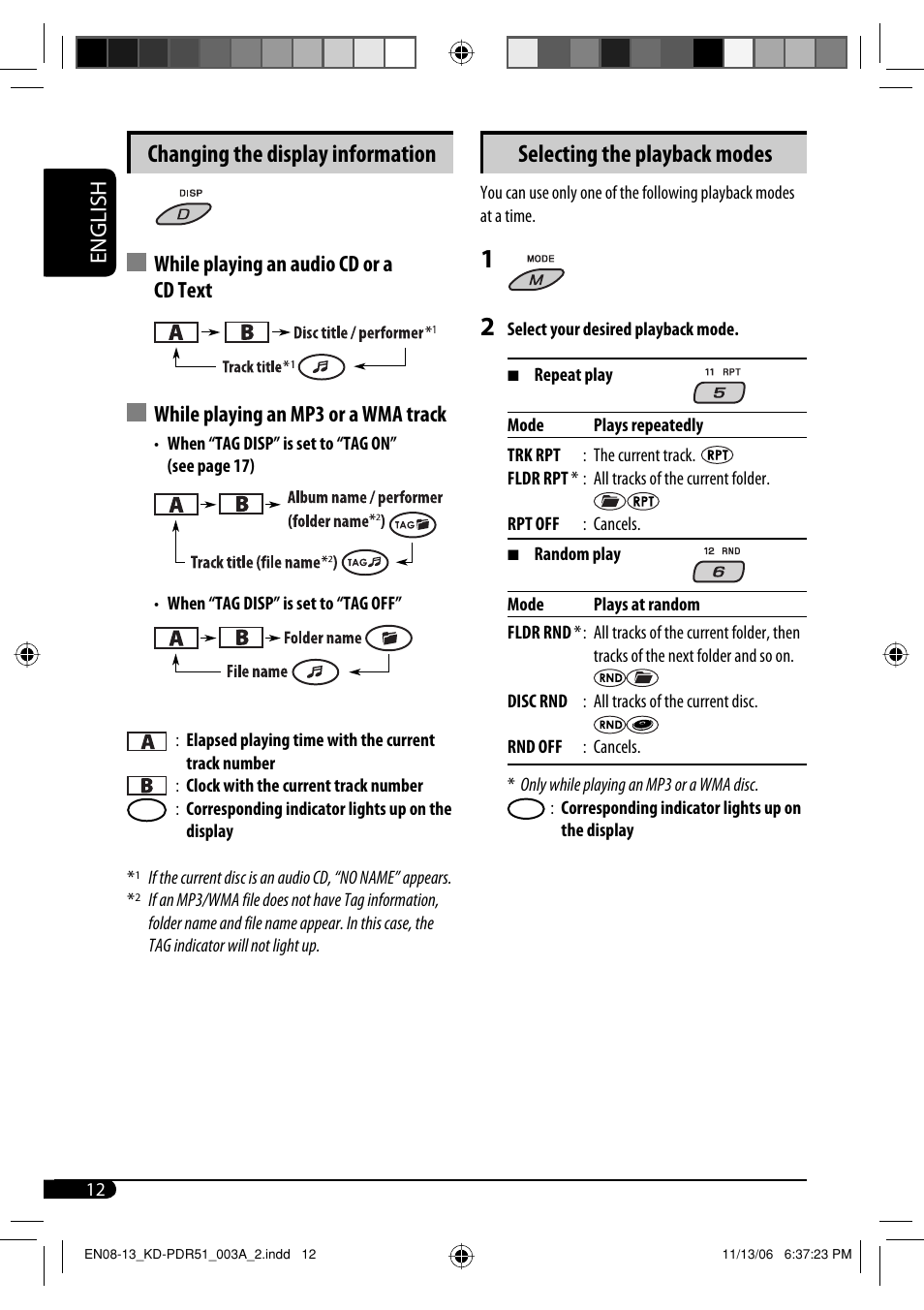 Changing the display information, Selecting the playback modes, English | JVC KD-PDR51 User Manual | Page 12 / 74