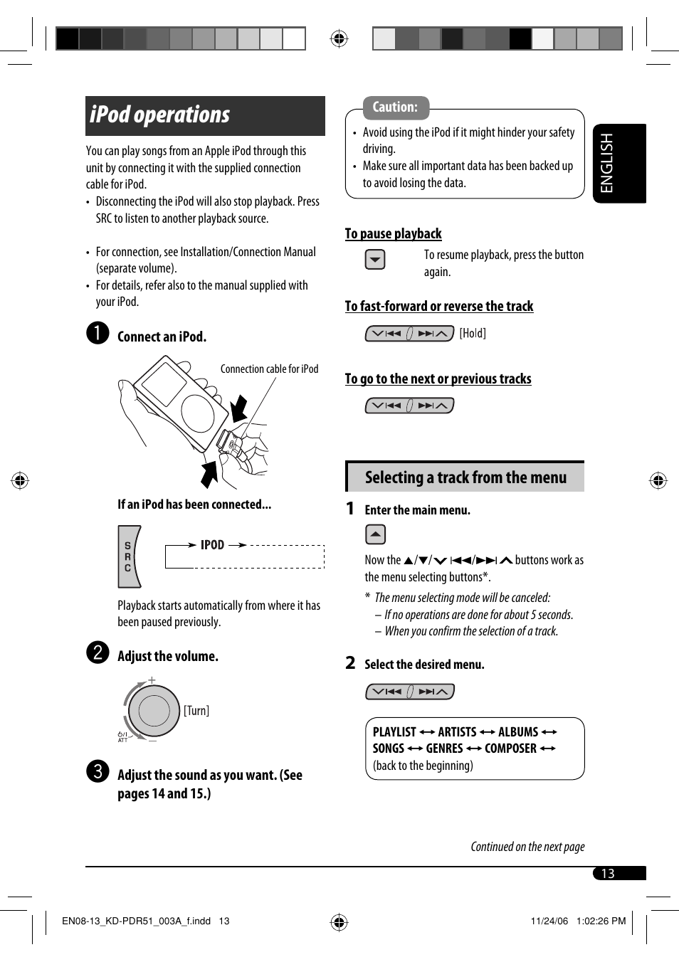 Ipod operations, Selecting a track from the menu | JVC KD-PDR51 User Manual | Page 13 / 74