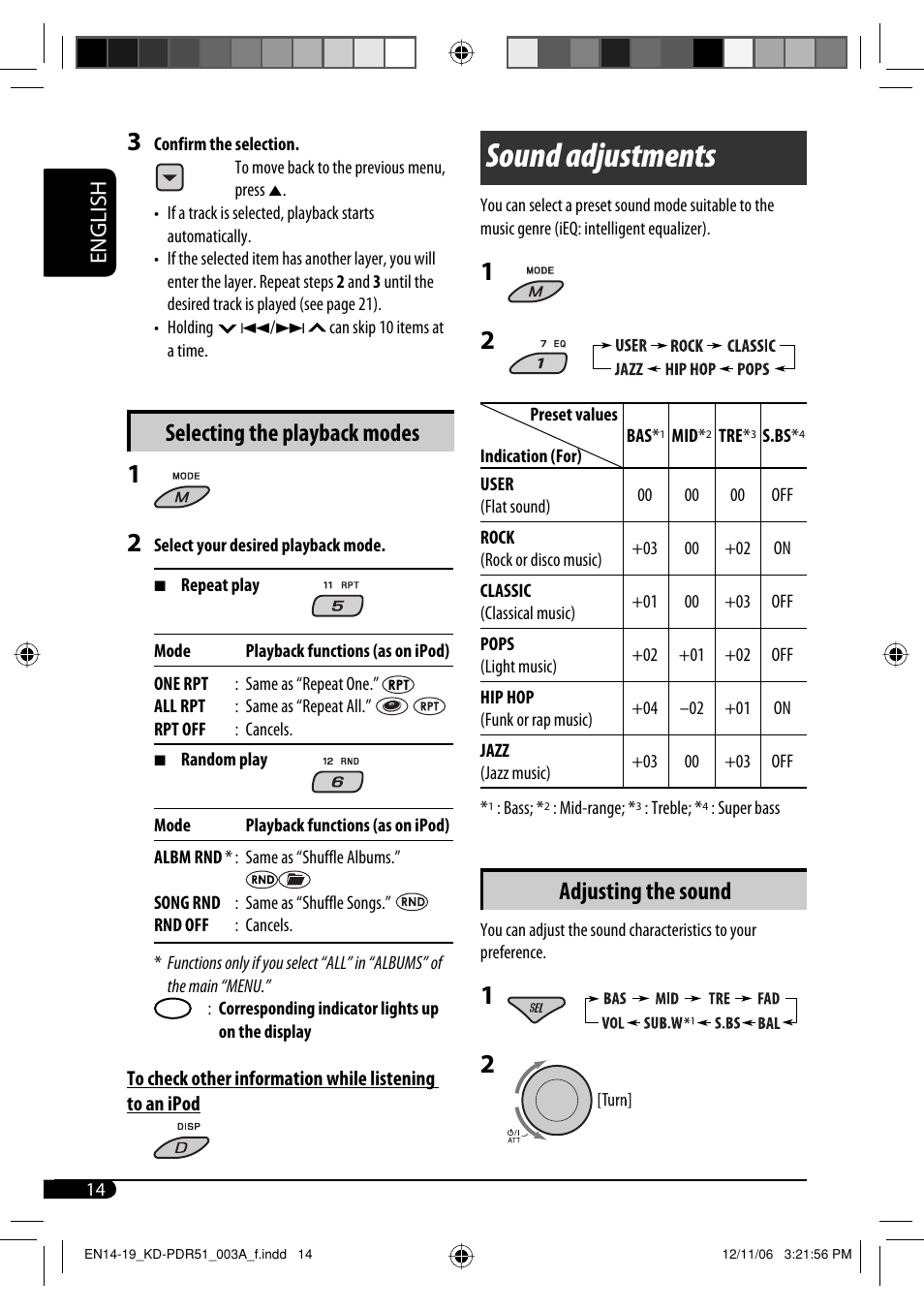 Sound adjustments, Selecting the playback modes, Adjusting the sound | English | JVC KD-PDR51 User Manual | Page 14 / 74