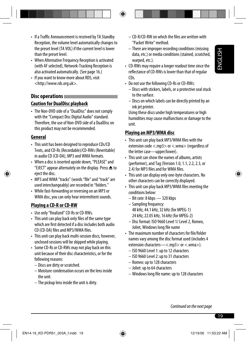 English, Disc operations | JVC KD-PDR51 User Manual | Page 19 / 74