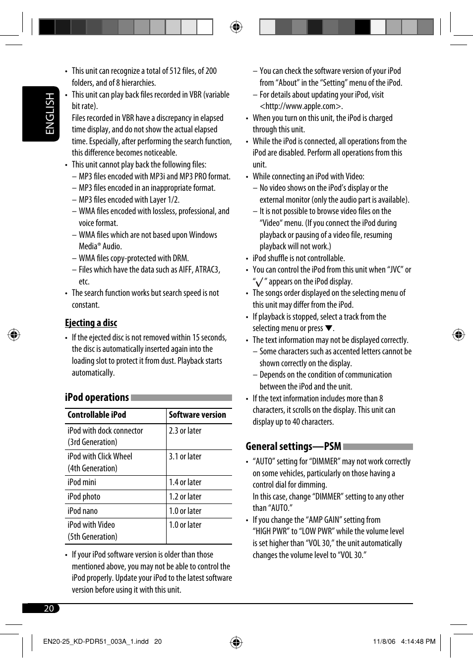 English, General settings—psm, Ipod operations | JVC KD-PDR51 User Manual | Page 20 / 74