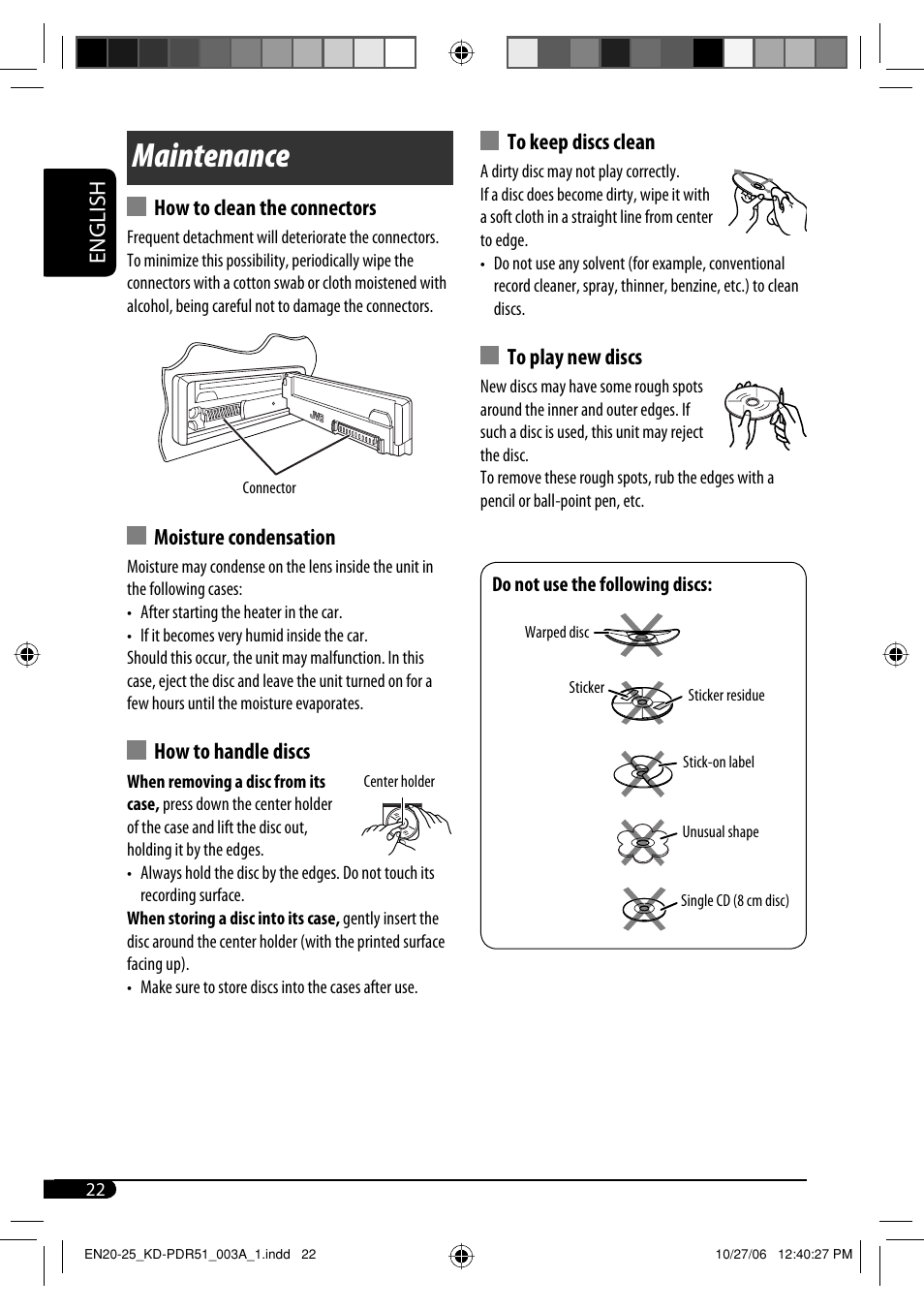 Maintenance, English, How to clean the connectors | Moisture condensation, How to handle discs | JVC KD-PDR51 User Manual | Page 22 / 74