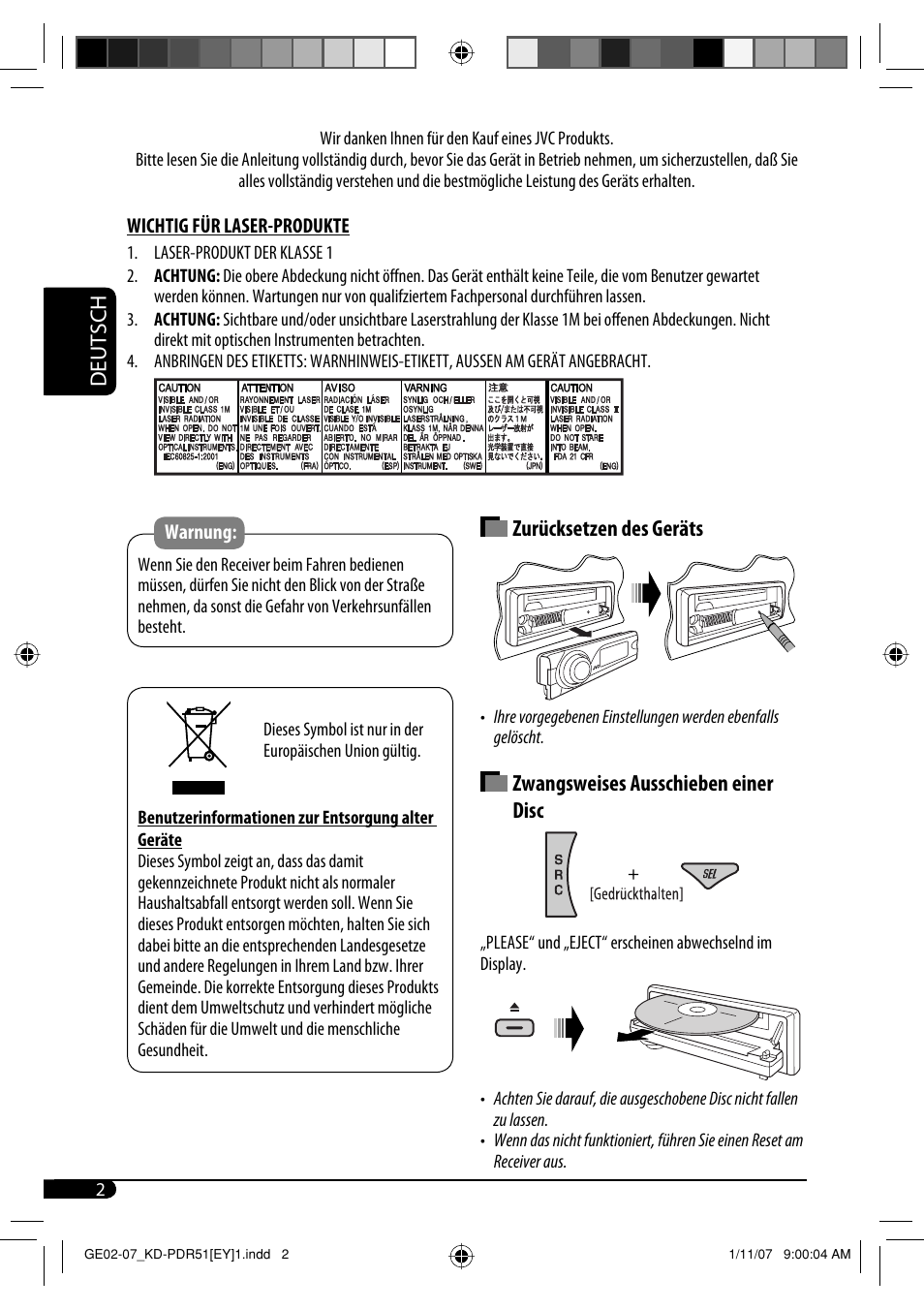 Deutsch, Zurücksetzen des geräts, Zwangsweises ausschieben einer disc | JVC KD-PDR51 User Manual | Page 26 / 74