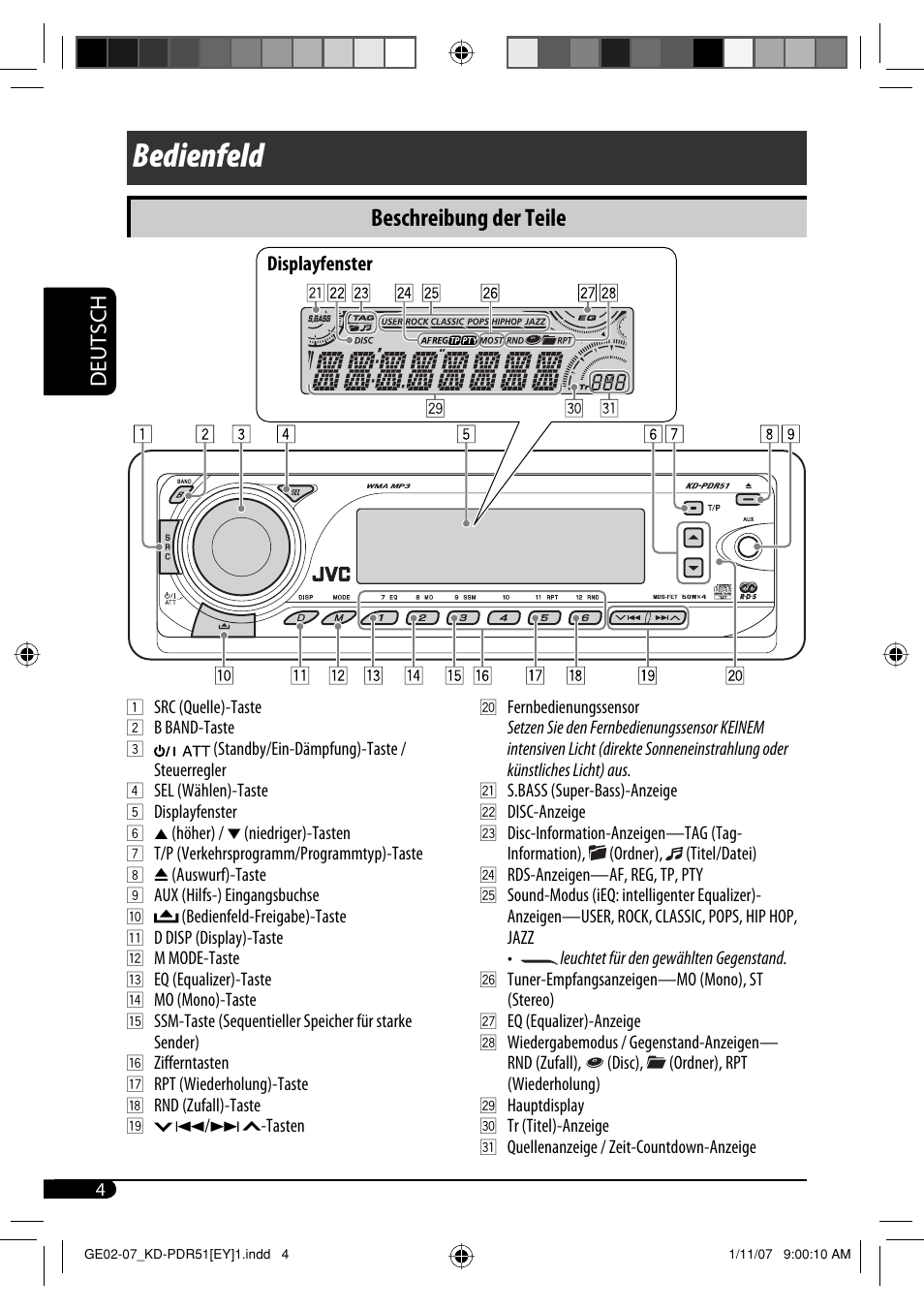 Bedienfeld, Beschreibung der teile, Deutsch | JVC KD-PDR51 User Manual | Page 28 / 74