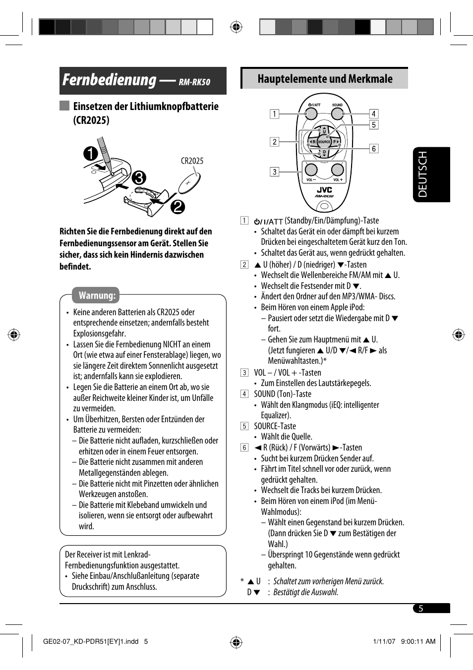 Fernbedienung, Hauptelemente und merkmale, Deutsch | Einsetzen der lithiumknopfbatterie (cr2025) | JVC KD-PDR51 User Manual | Page 29 / 74