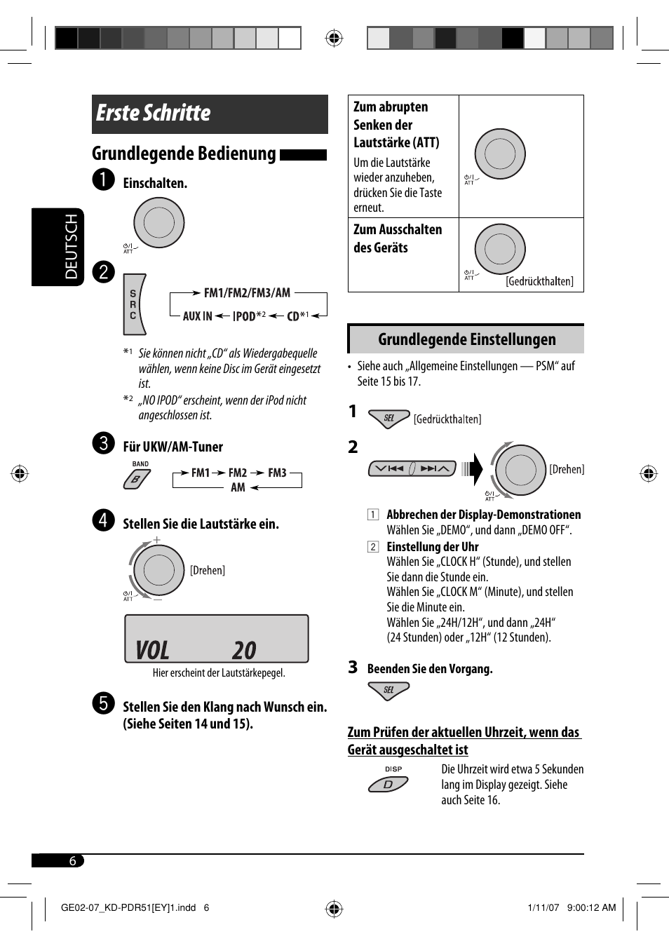 Erste schritte, Grundlegende bedienung, Grundlegende einstellungen | JVC KD-PDR51 User Manual | Page 30 / 74