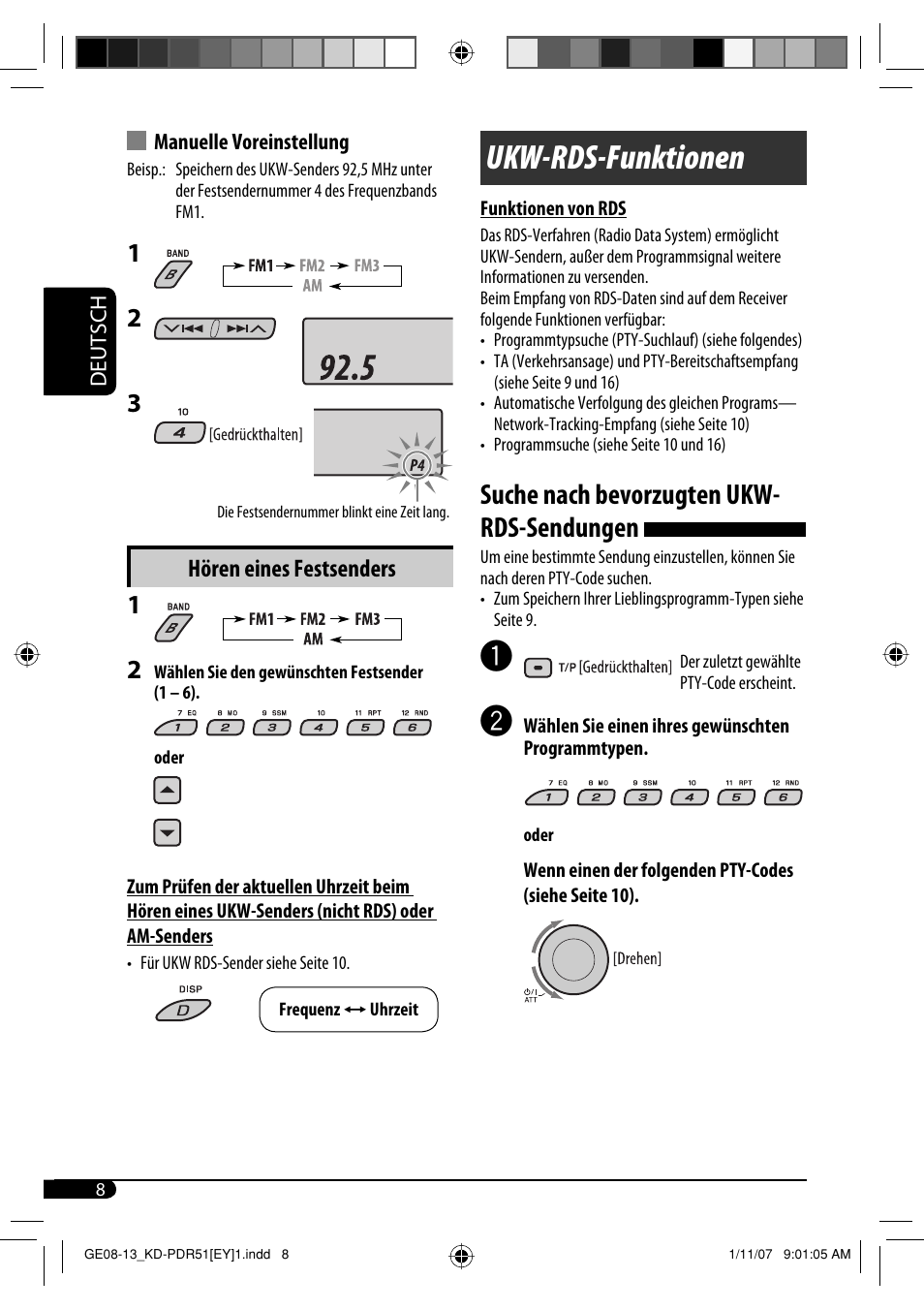 Ukw-rds-funktionen, Suche nach bevorzugten ukw- rds-sendungen, Hören eines festsenders | JVC KD-PDR51 User Manual | Page 32 / 74