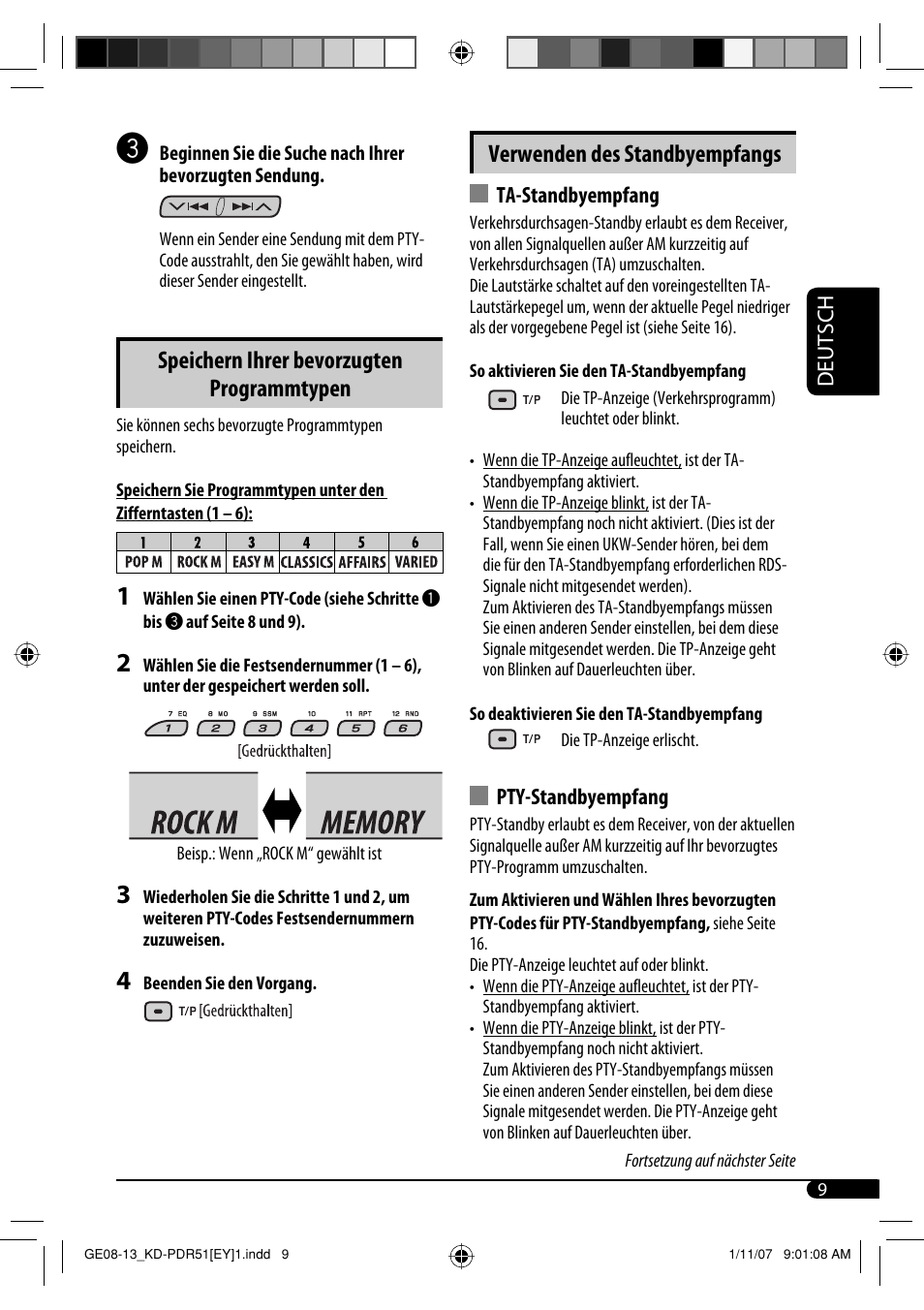 Speichern ihrer bevorzugten programmtypen, Verwenden des standbyempfangs | JVC KD-PDR51 User Manual | Page 33 / 74