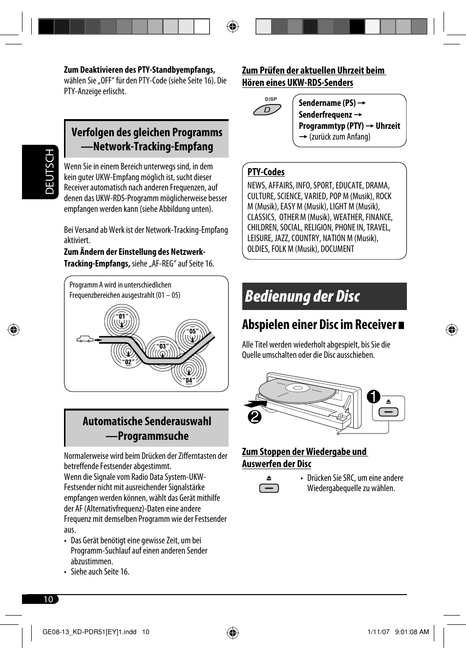 Bedienung der disc, Abspielen einer disc im receiver, Automatische senderauswahl —programmsuche | JVC KD-PDR51 User Manual | Page 34 / 74