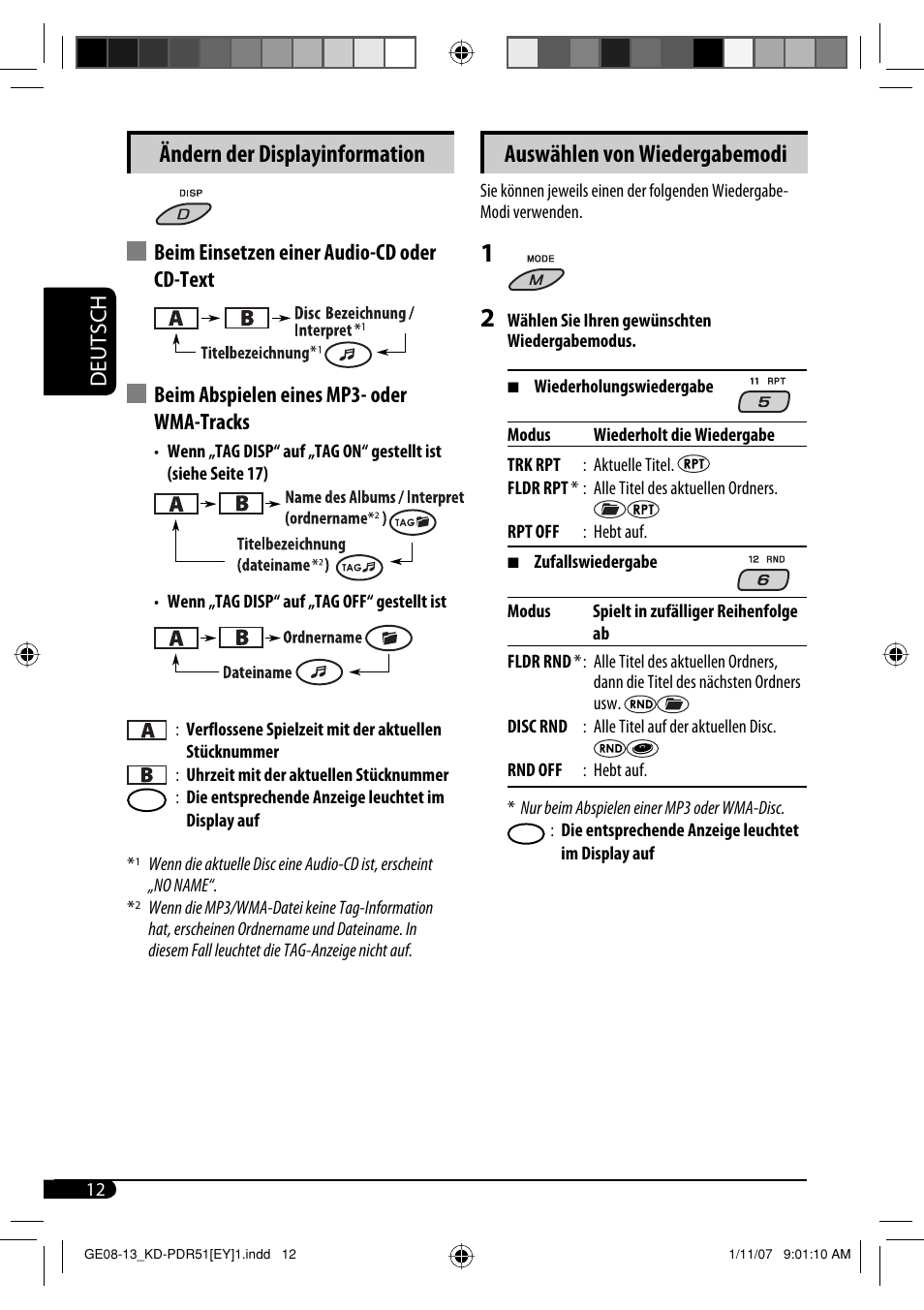 Ändern der displayinformation, Auswählen von wiedergabemodi, Deutsch | JVC KD-PDR51 User Manual | Page 36 / 74