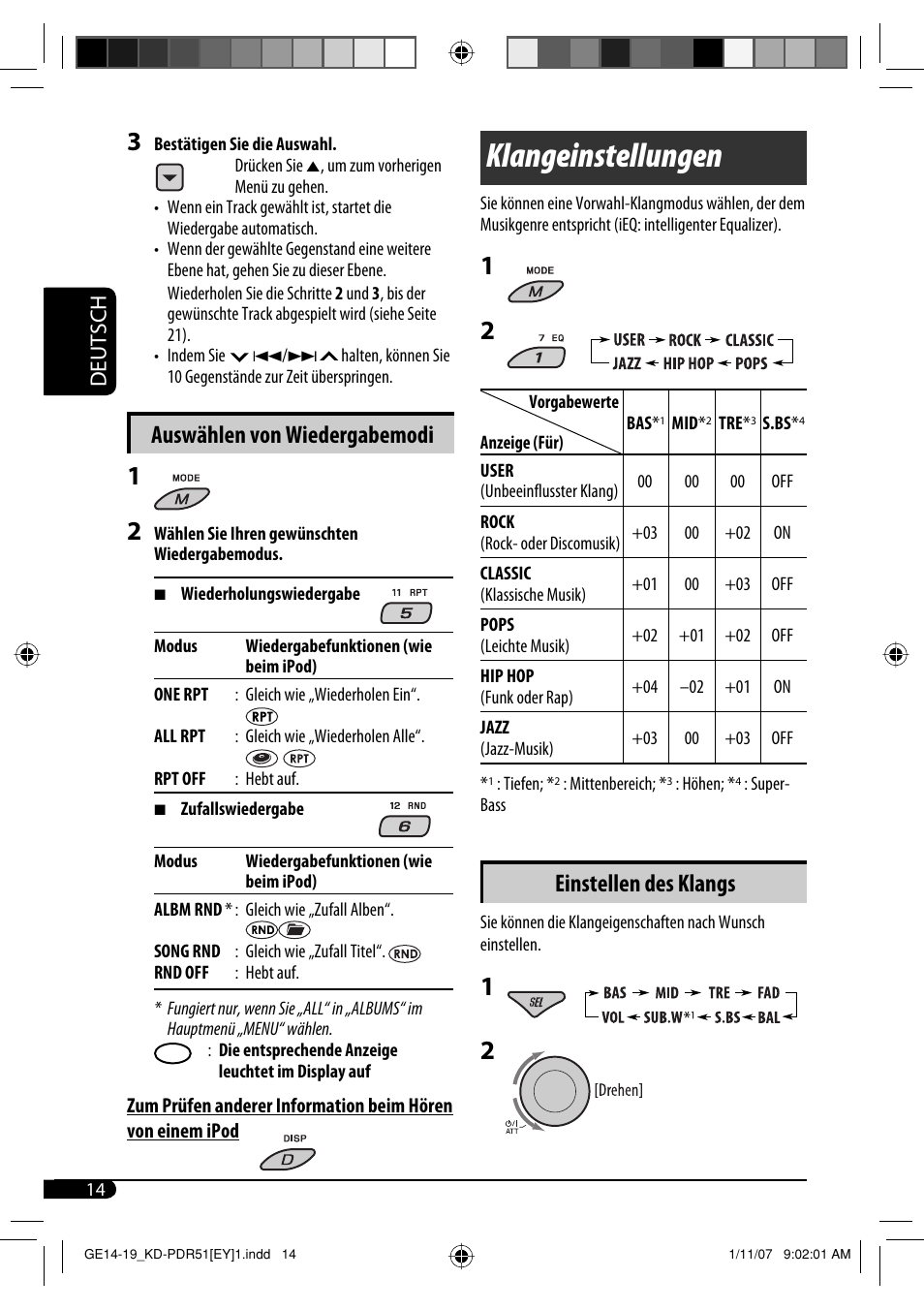 Klangeinstellungen, Auswählen von wiedergabemodi, Einstellen des klangs | Deutsch | JVC KD-PDR51 User Manual | Page 38 / 74