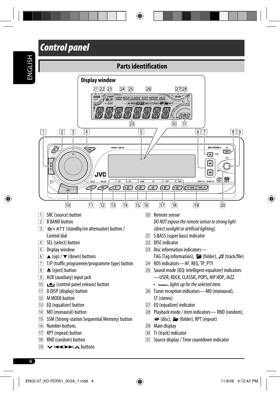 Control panel, Parts identification, English | JVC KD-PDR51 User Manual | Page 4 / 74