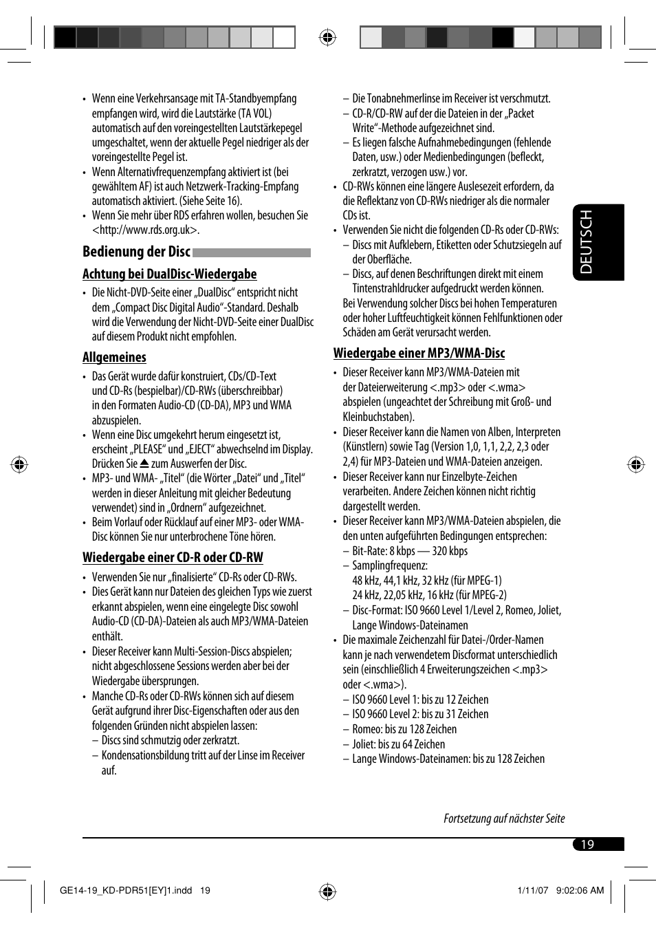 Deutsch, Bedienung der disc | JVC KD-PDR51 User Manual | Page 43 / 74