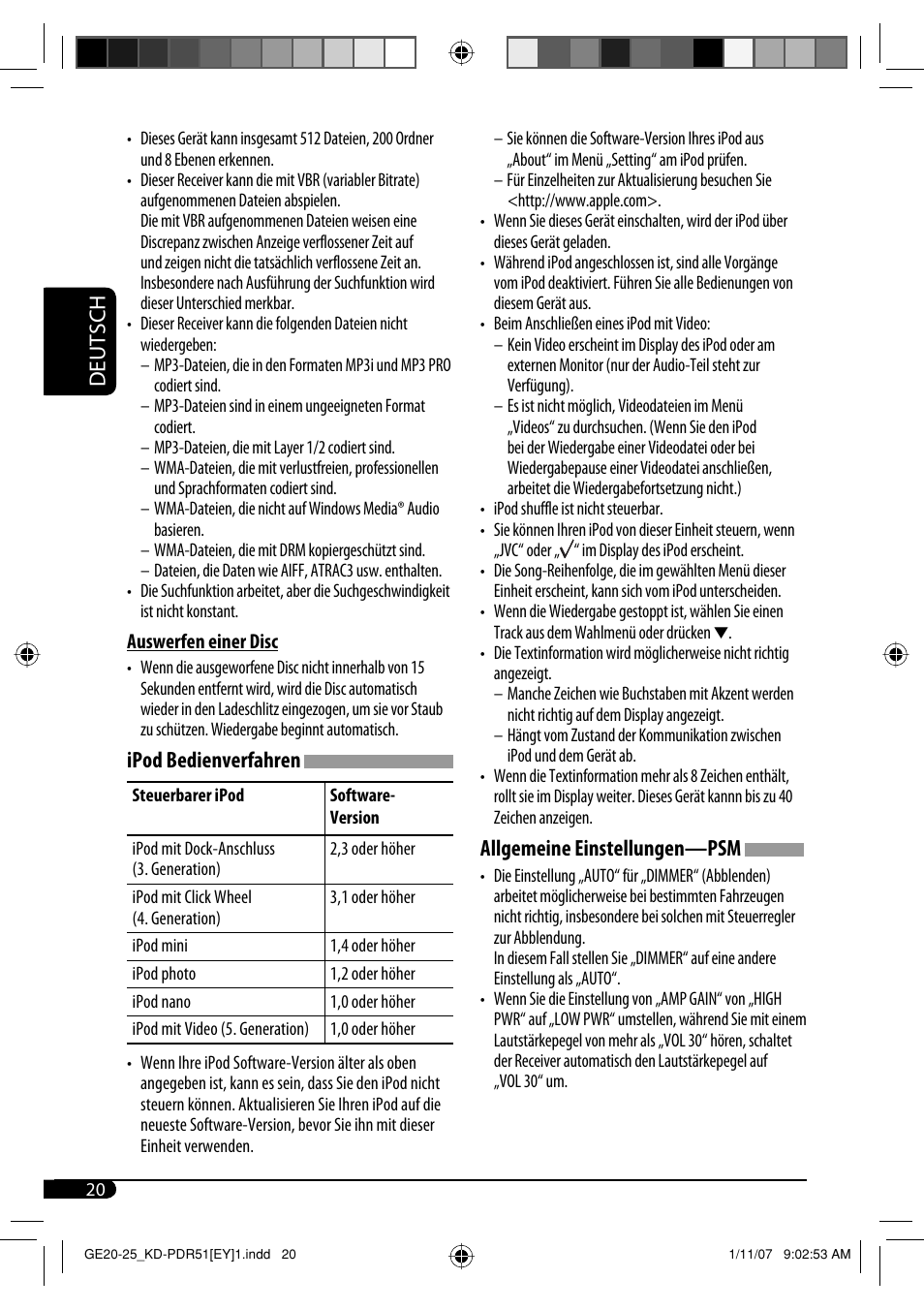 Deutsch, Allgemeine einstellungen—psm, Ipod bedienverfahren | JVC KD-PDR51 User Manual | Page 44 / 74