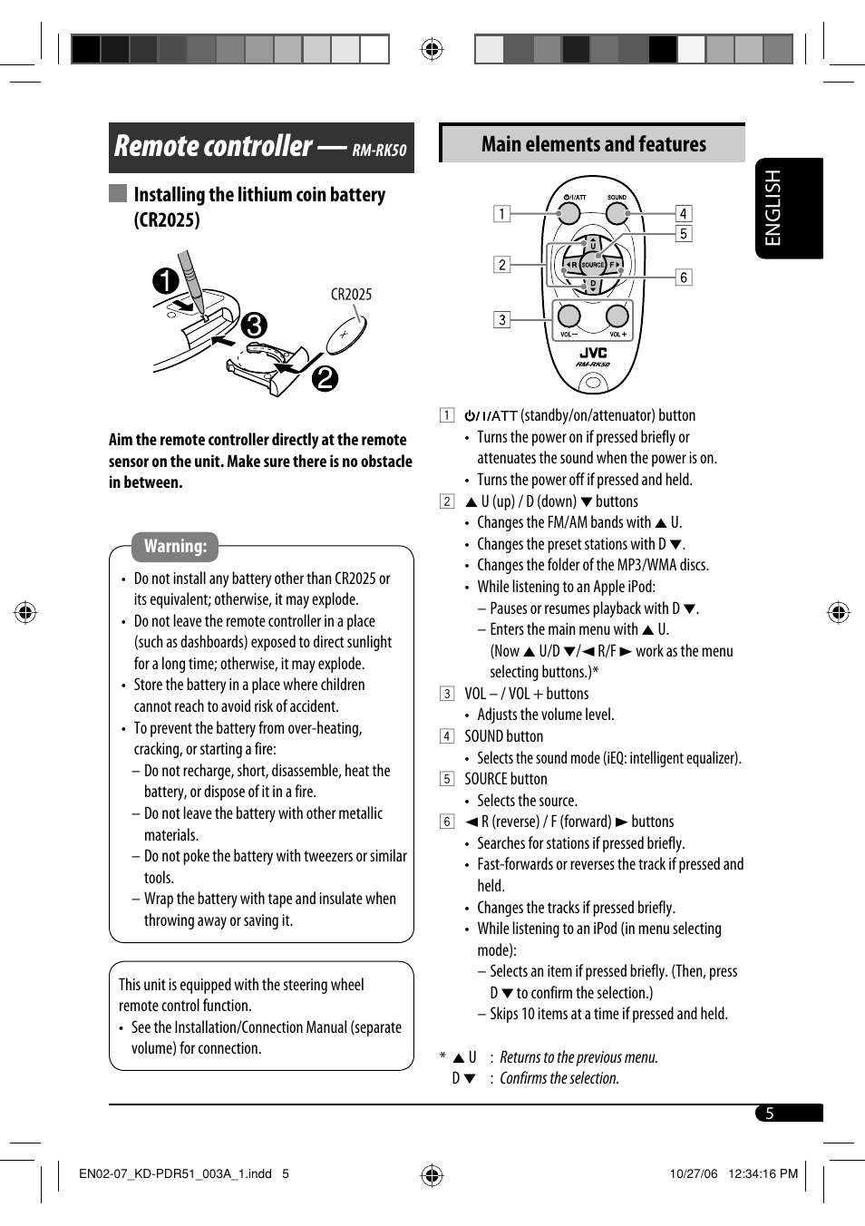 Remote controller, Main elements and features, English | Installing the lithium coin battery (cr2025) | JVC KD-PDR51 User Manual | Page 5 / 74