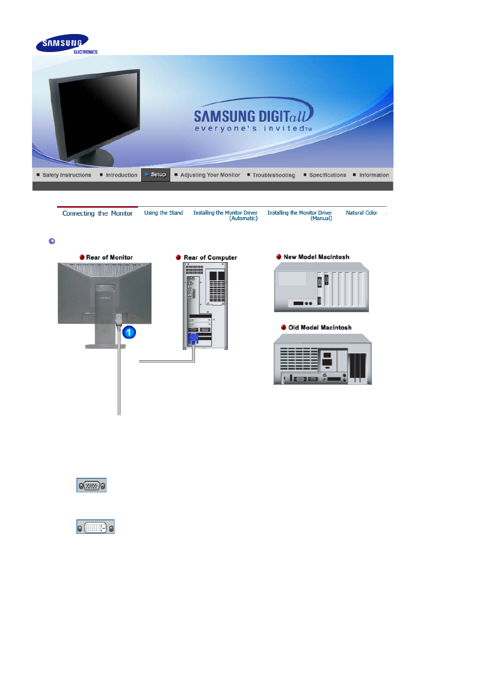 Setup, Connecting the monitor | Samsung 205BW User Manual | Page 13 / 60