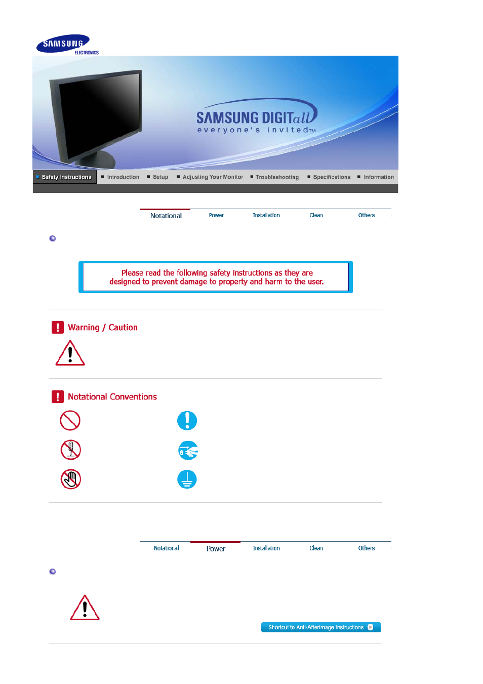 Safty instructions, Notational | Samsung 205BW User Manual | Page 2 / 60