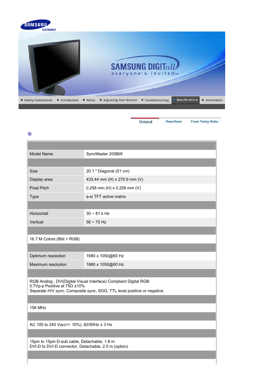 Specifications, General | Samsung 205BW User Manual | Page 51 / 60