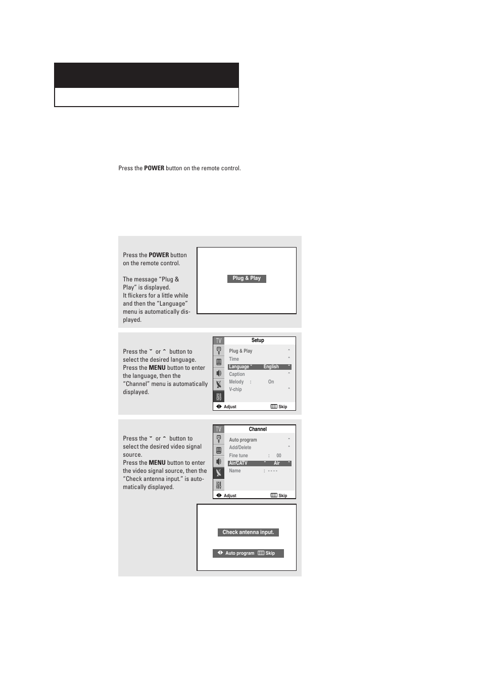 Chapter three : operation, Turning the tv on and off, Plug & play feature | Samsung DynaFlat TX R2765 User Manual | Page 22 / 68