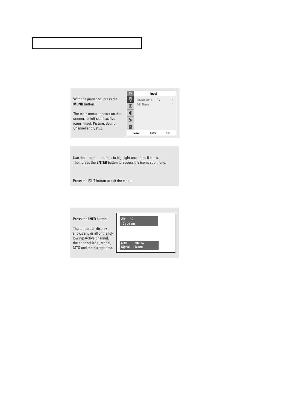 Viewing the menus and on-screen displays, Viewing the menus, Viewing the display | Samsung DynaFlat TX R2765 User Manual | Page 24 / 68