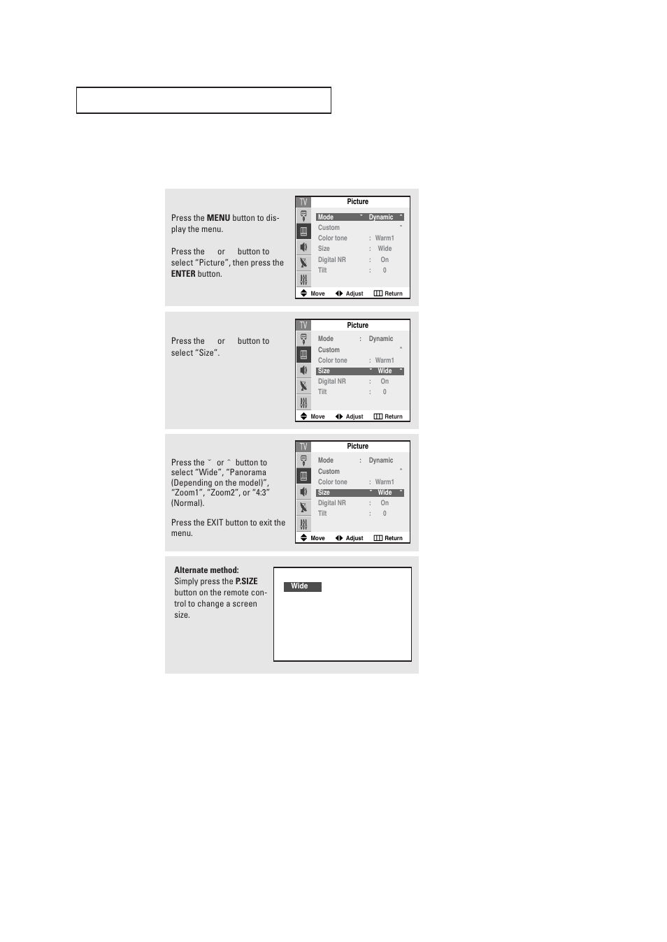 Changing the screen size | Samsung DynaFlat TX R2765 User Manual | Page 43 / 68