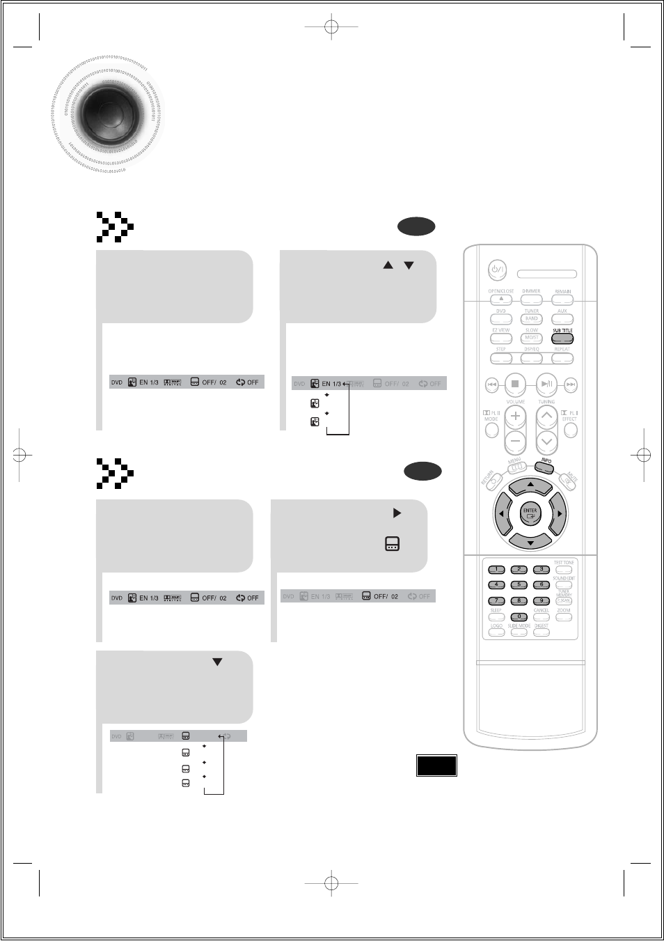 Selecting audio/subtitle language, 33 selecting audio/subtitle language, Audio language selection function | Subtitle language selection function | Samsung HT-DS140 User Manual | Page 34 / 68