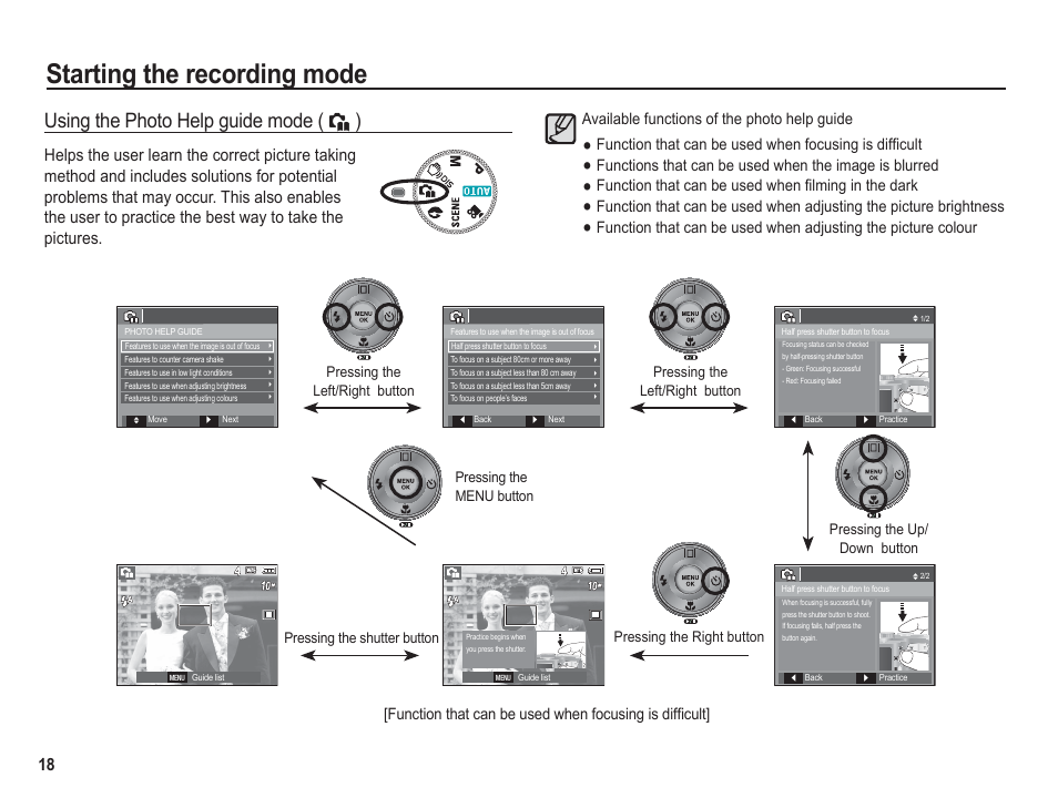 Starting the recording mode, Using the photo help guide mode, Available functions of the photo help guide | Samsung BL1050 User Manual | Page 19 / 94