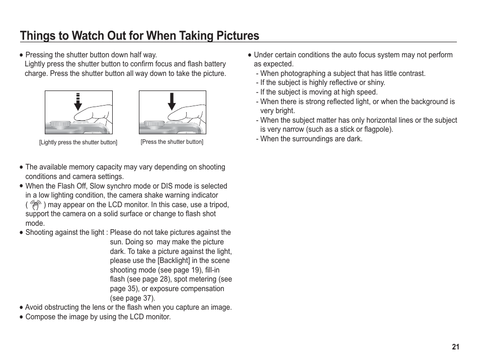 Things to watch out for when taking pictures | Samsung BL1050 User Manual | Page 22 / 94