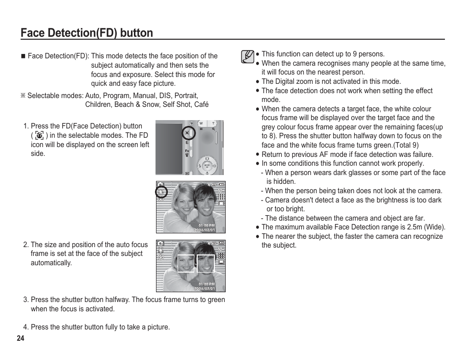 Face detection(fd) button | Samsung BL1050 User Manual | Page 25 / 94