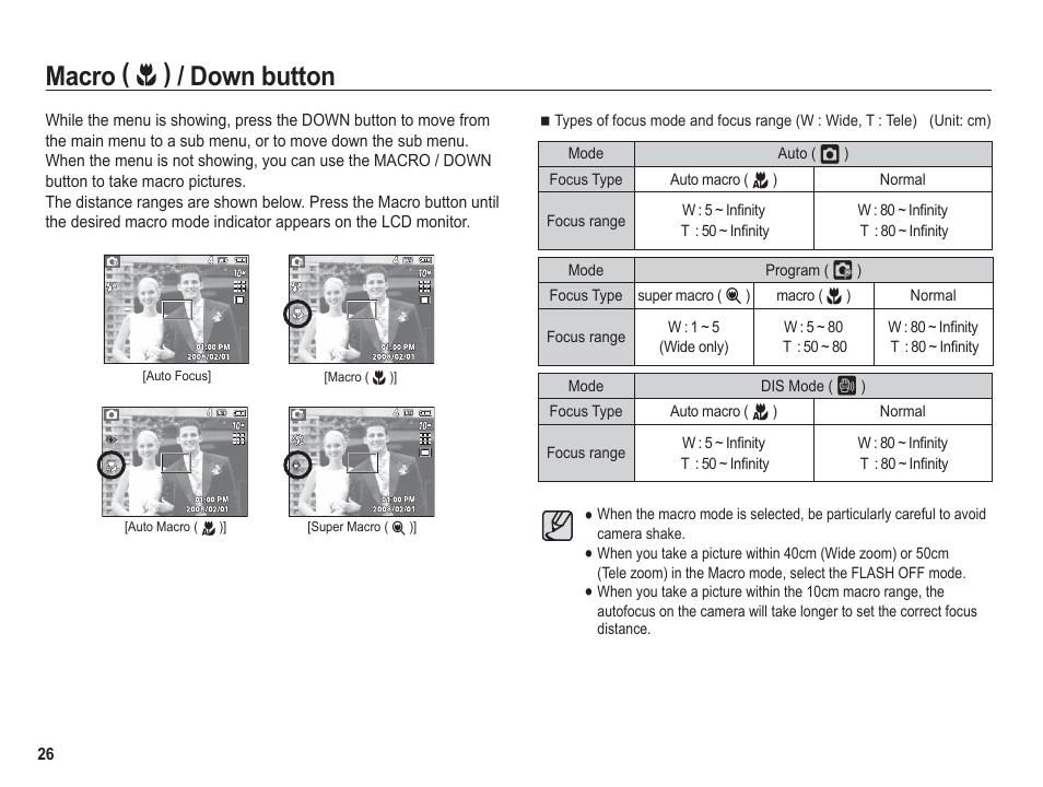 Macro, Down button | Samsung BL1050 User Manual | Page 27 / 94