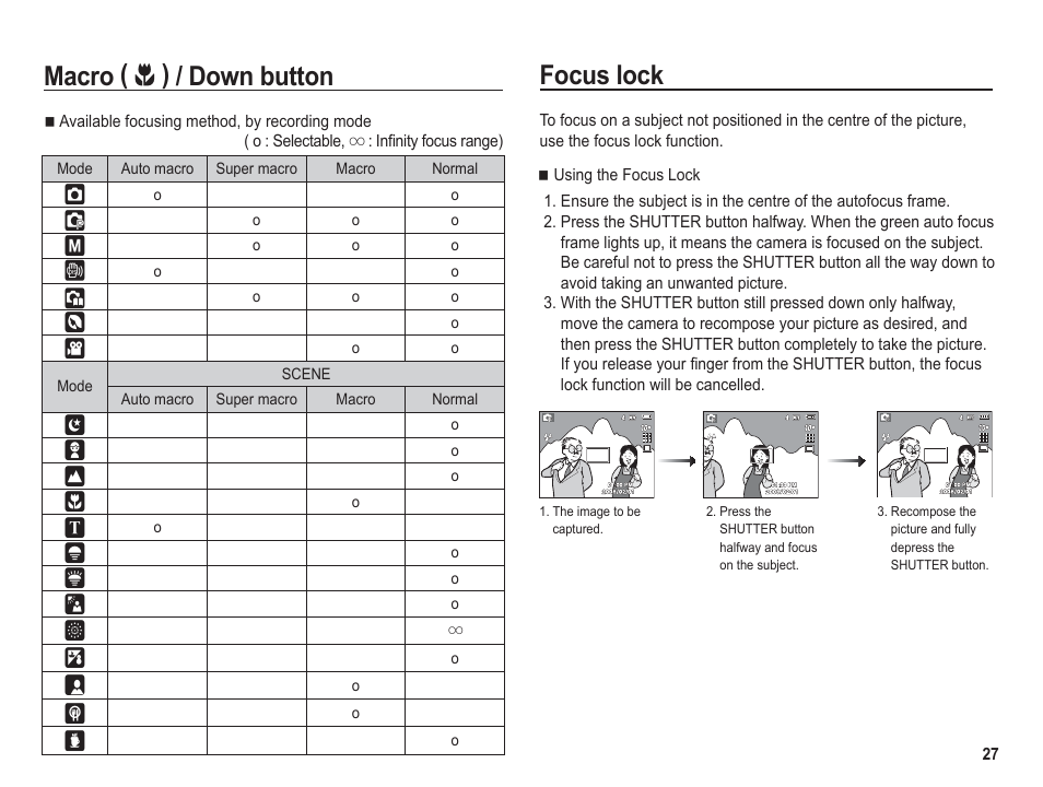 Focus lock, Macro, Down button | Samsung BL1050 User Manual | Page 28 / 94