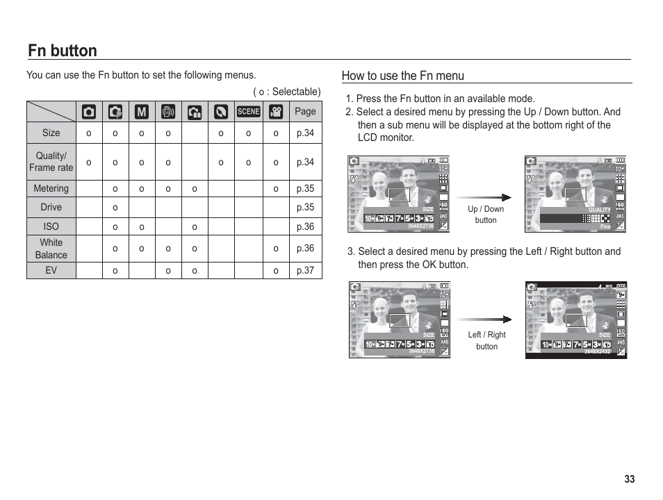 Fn button, How to use the fn menu, Š‰ ✆ ÿ _ m | Samsung BL1050 User Manual | Page 34 / 94